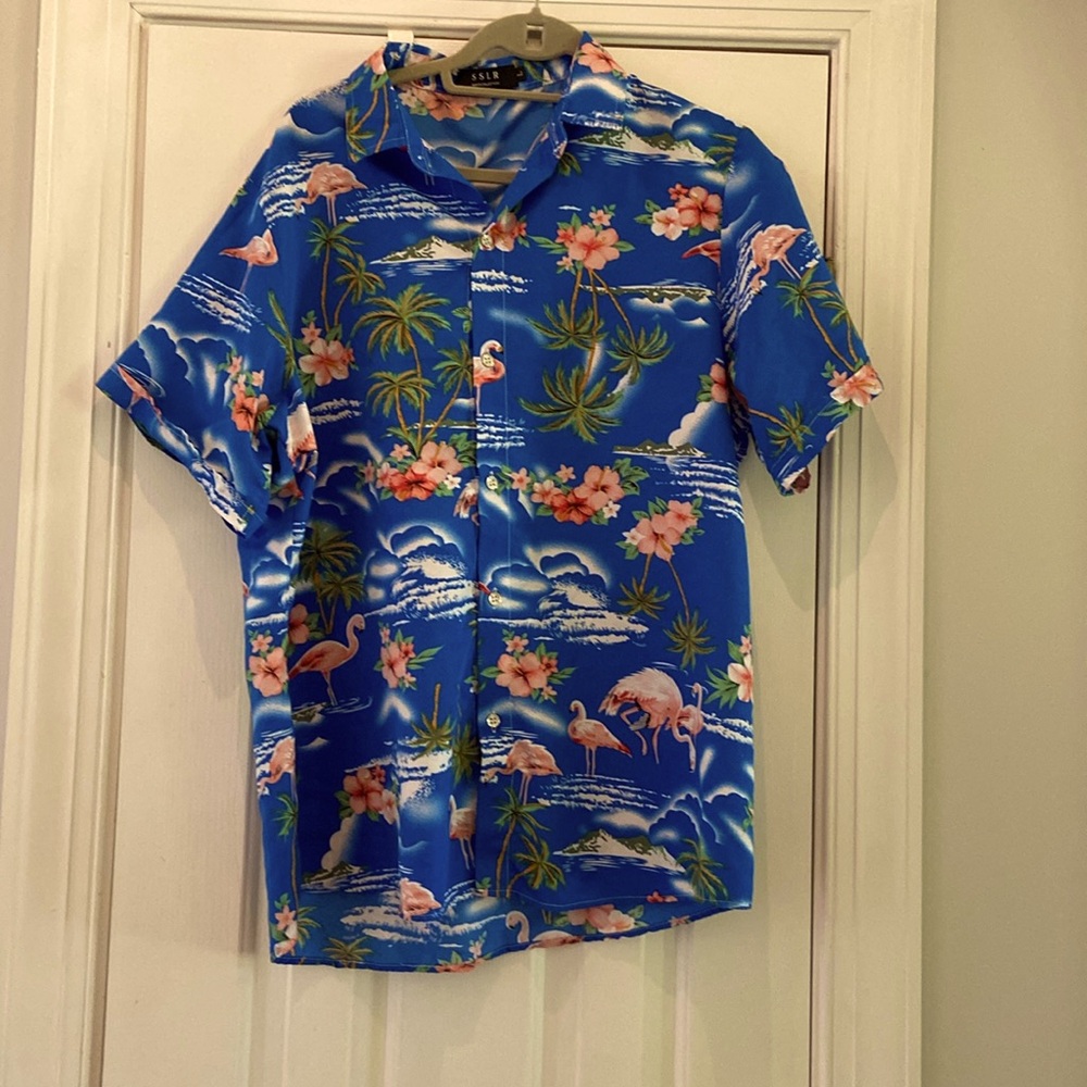 Men’s Hawaiian Shirt, Blue with Flamingos, SSLR, L